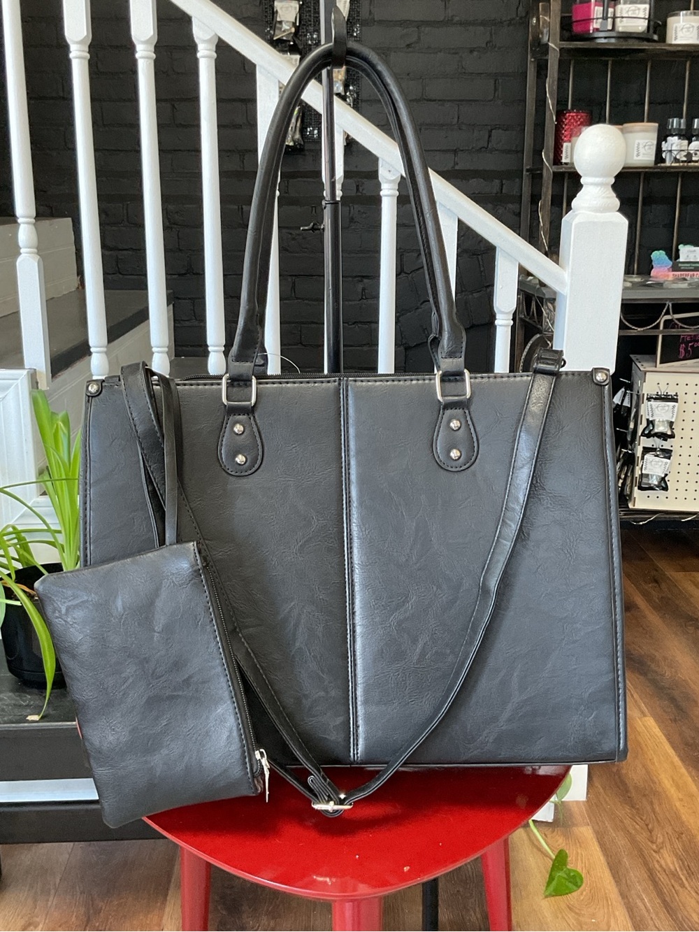 Black Structured Tote Bag Faux Leather Multi Pocket Handbag - Picture 2 of 6